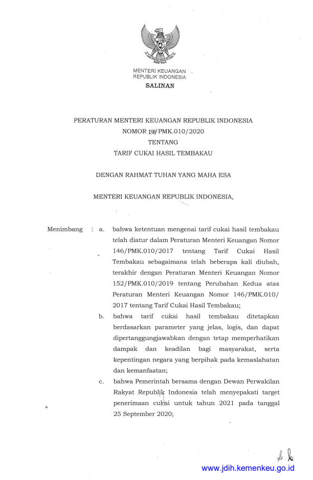 Peraturan Menteri Keuangan Nomor 198/PMK.010/2020