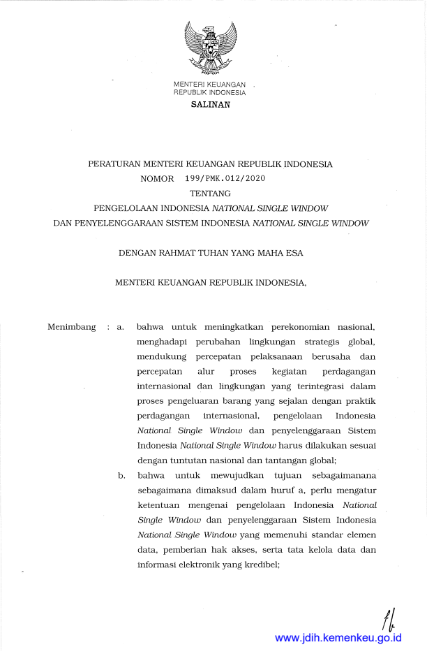 Peraturan Menteri Keuangan Nomor 199/PMK.012/2020