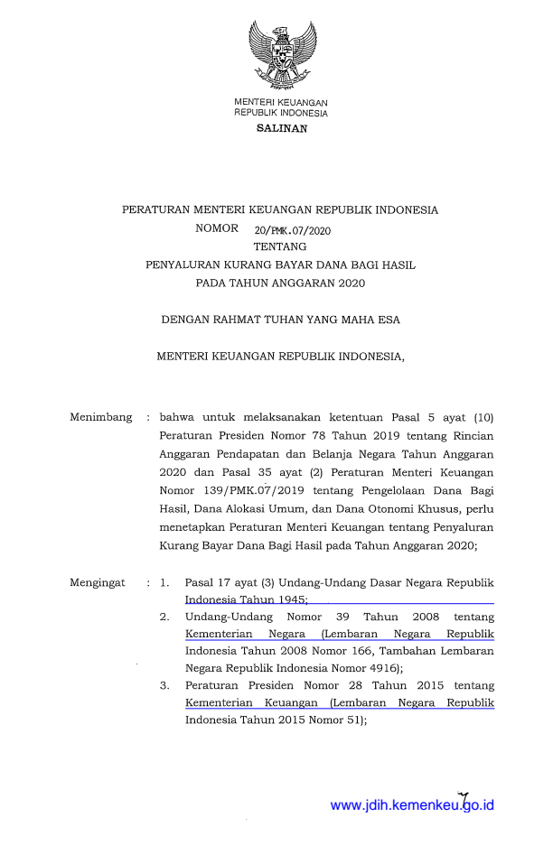 Peraturan Menteri Keuangan Nomor 20/PMK.07/2020