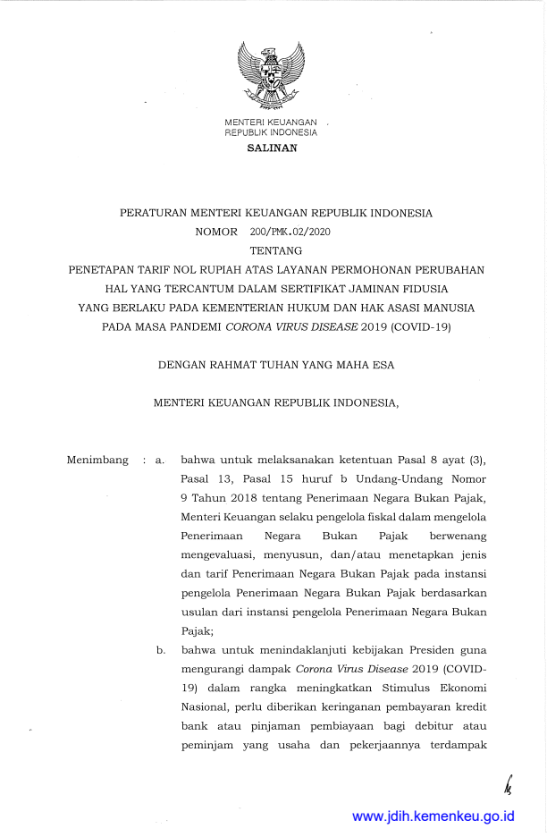 Peraturan Menteri Keuangan Nomor 200/PMK.02/2020