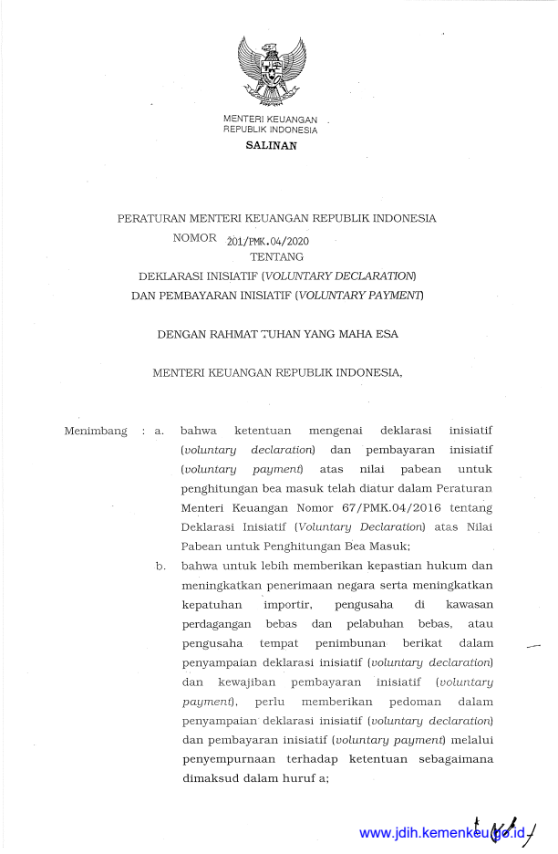 Peraturan Menteri Keuangan Nomor 201/PMK.04/2020