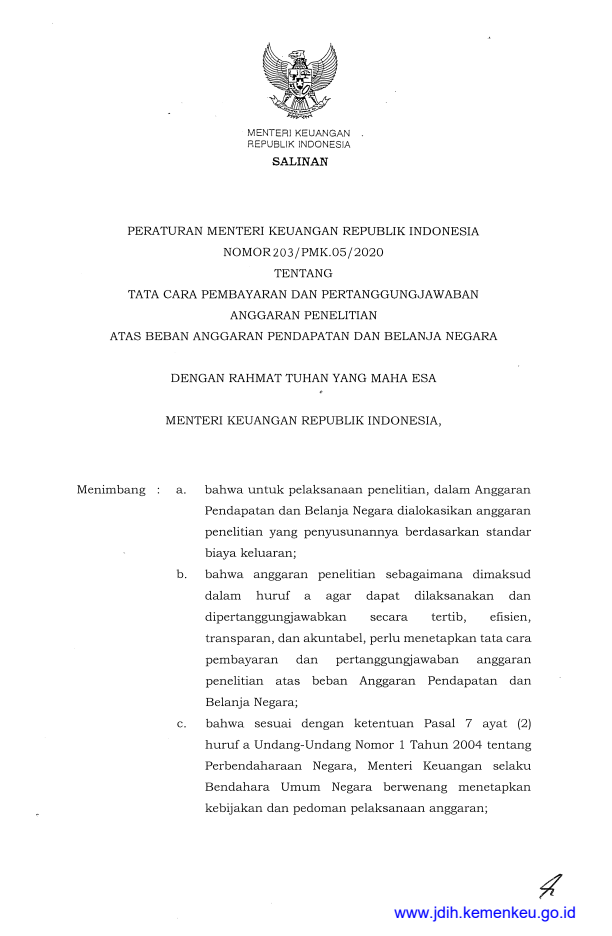 Peraturan Menteri Keuangan Nomor 203/PMK.05/2020