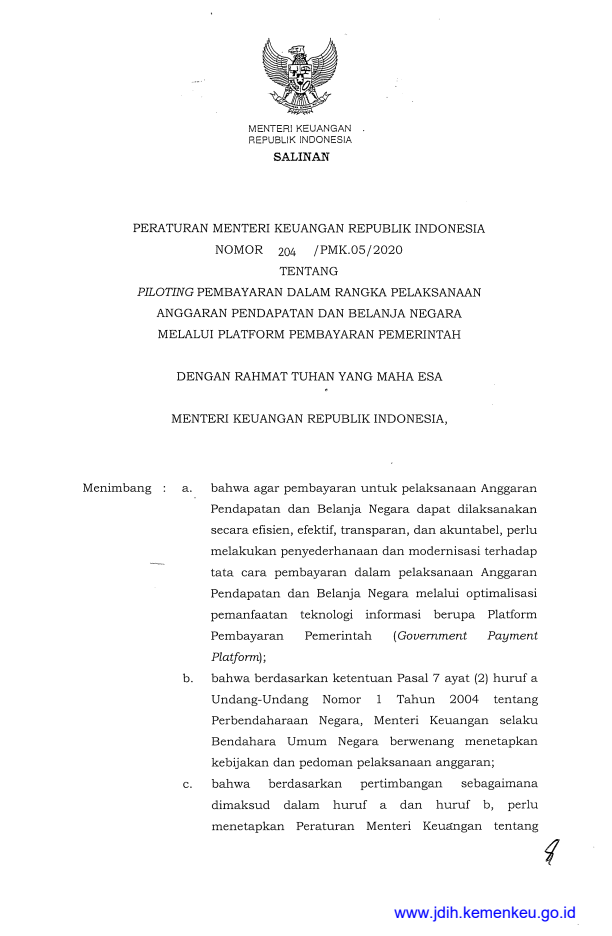 Peraturan Menteri Keuangan Nomor 204/PMK.05/2020