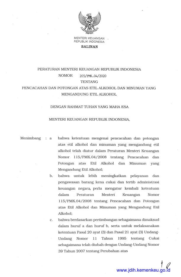 Peraturan Menteri Keuangan Nomor 205/PMK.04/2020