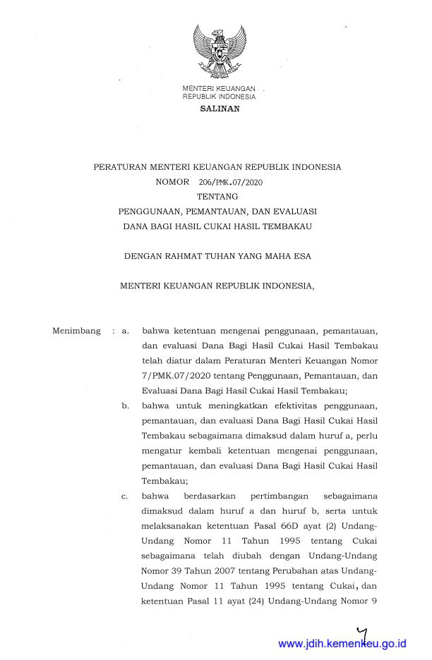 Peraturan Menteri Keuangan Nomor 206/PMK.07/2020