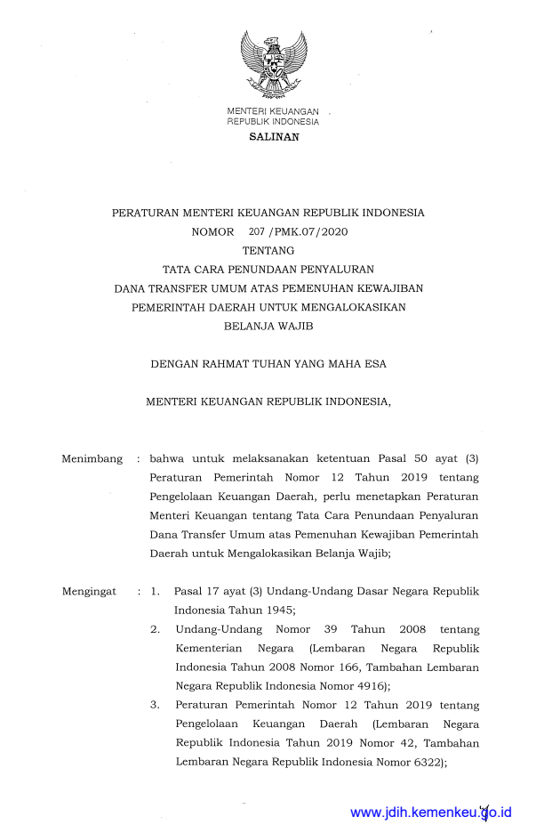 Peraturan Menteri Keuangan Nomor 207/PMK.07/2020