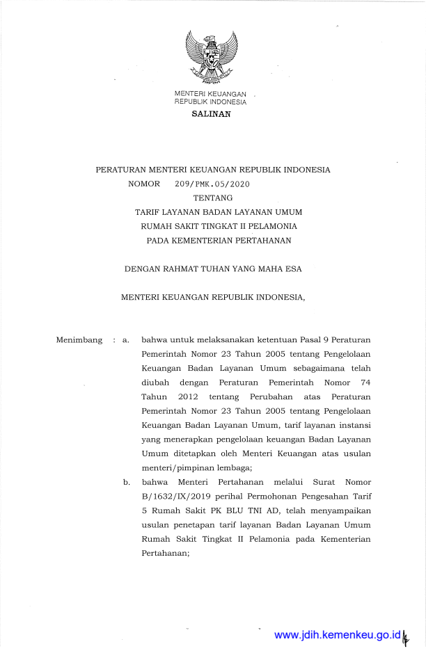 Peraturan Menteri Keuangan Nomor 209/PMK.05/2020