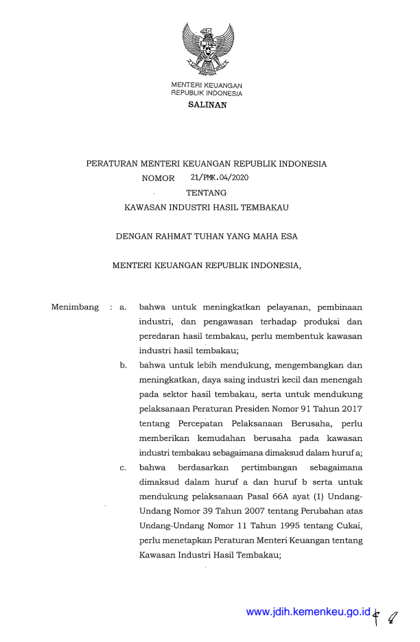 Peraturan Menteri Keuangan Nomor 21/PMK.04/2020