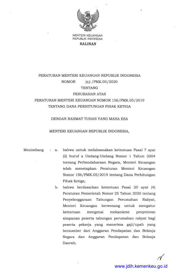 Peraturan Menteri Keuangan Nomor 212/PMK.05/2020