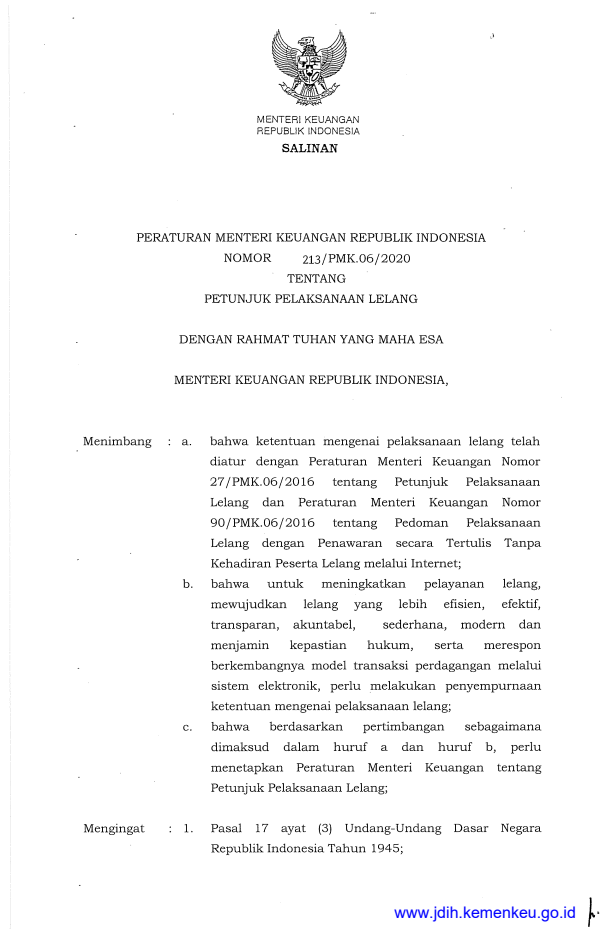 Peraturan Menteri Keuangan Nomor 213/PMK.06/2020