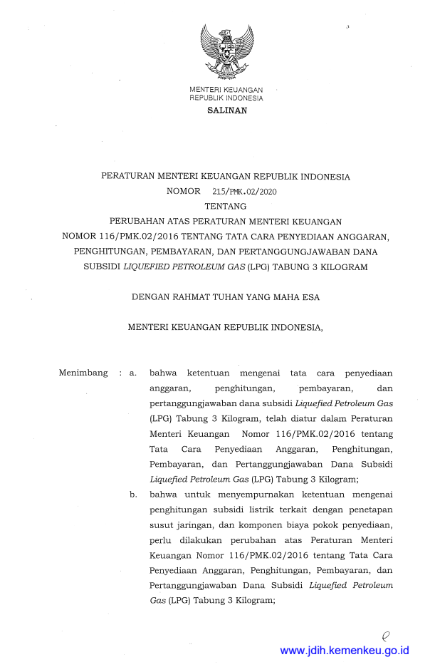 Peraturan Menteri Keuangan Nomor 215/PMK.02/2020