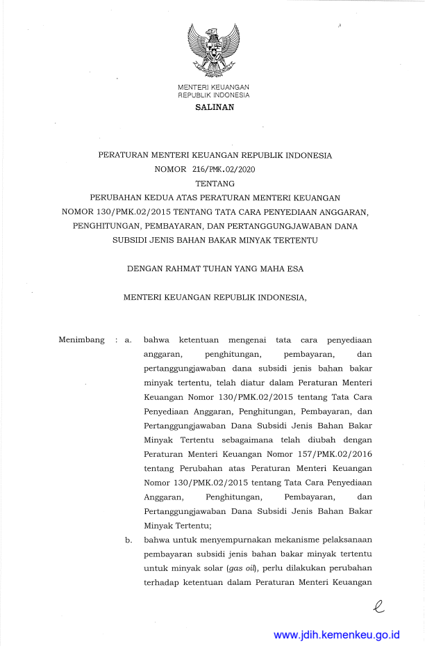 Peraturan Menteri Keuangan Nomor 216/PMK.02/2020