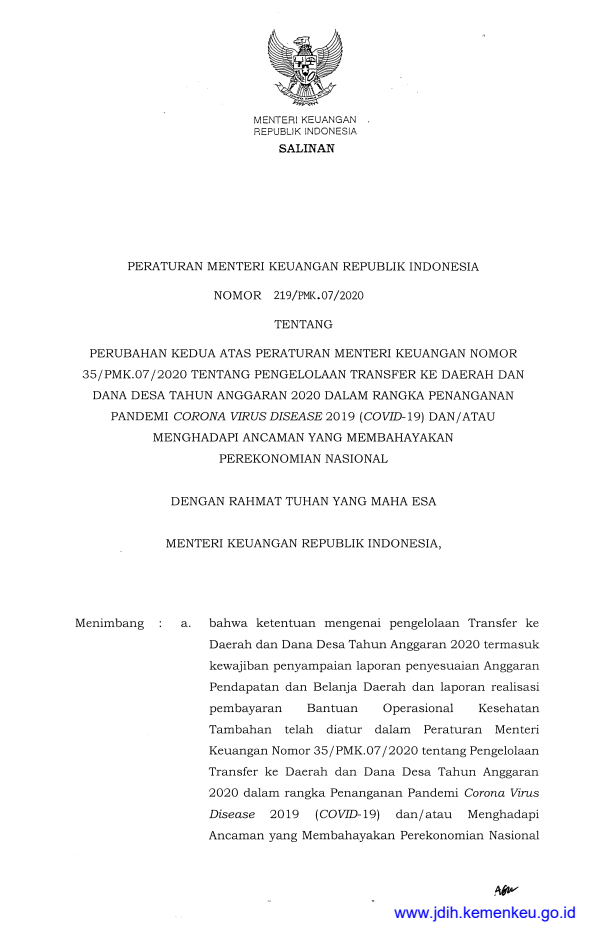 Peraturan Menteri Keuangan Nomor 219/PMK.07/2020