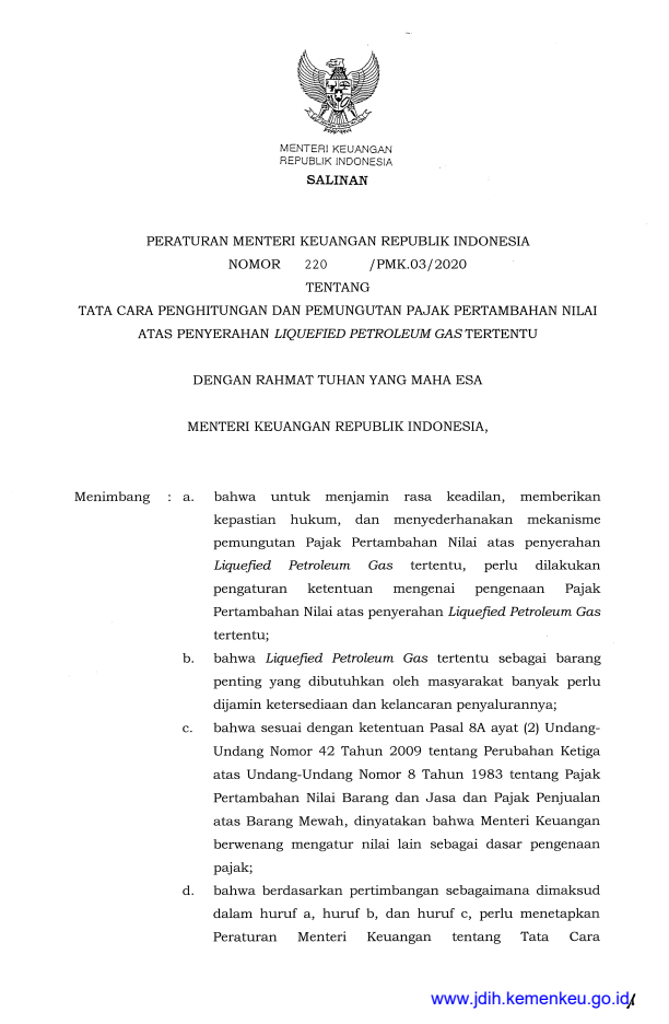 Peraturan Menteri Keuangan Nomor 220/PMK.03/2020