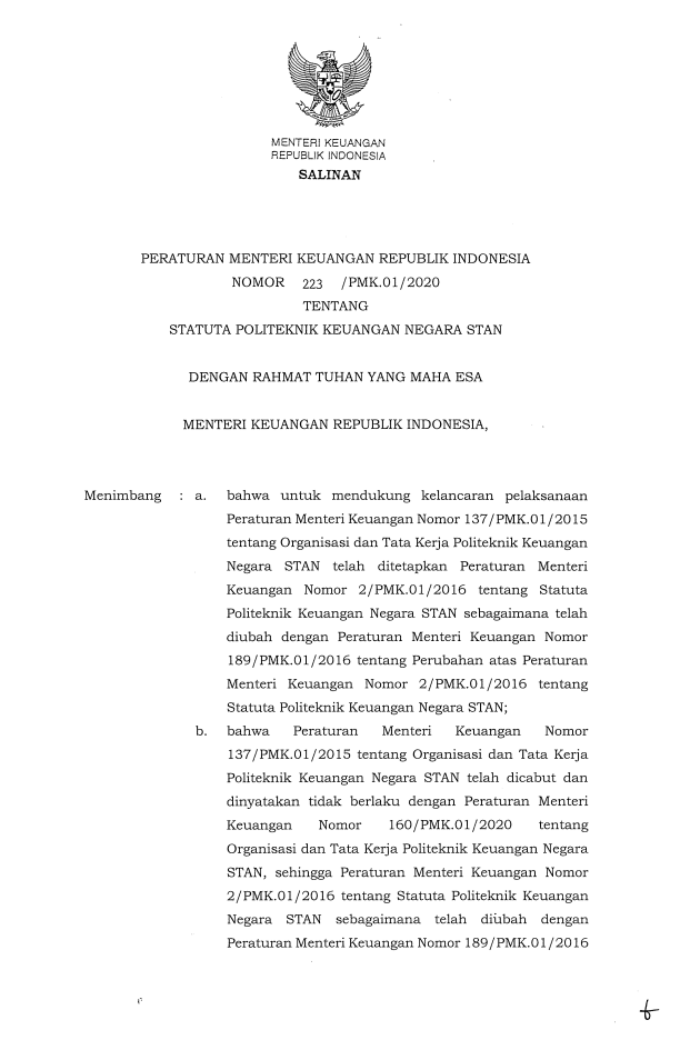 Peraturan Menteri Keuangan Nomor 223/PMK.01/2020