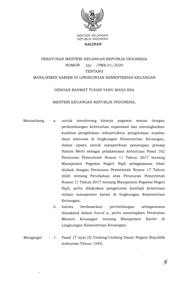 Peraturan Menteri Keuangan Nomor 224/PMK.01/2020