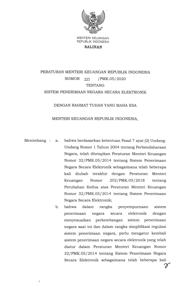 Peraturan Menteri Keuangan Nomor 225/PMK.05/2020