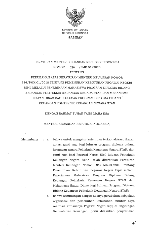 Peraturan Menteri Keuangan Nomor 226/PMK.01/2020