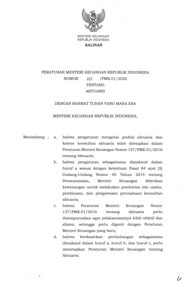 Peraturan Menteri Keuangan Nomor 227/PMK.01/2020