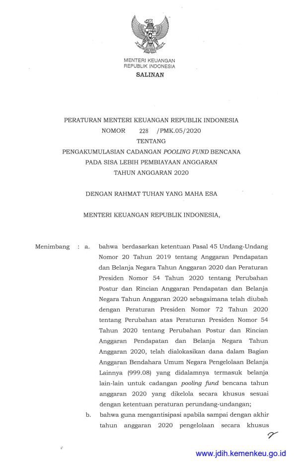 Peraturan Menteri Keuangan Nomor 228/PMK.05/2020