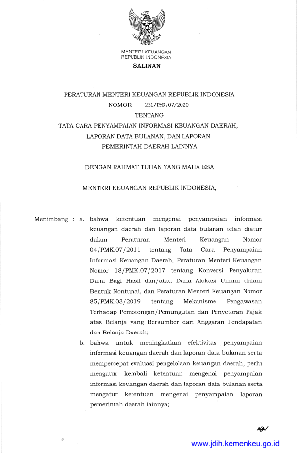 Peraturan Menteri Keuangan Nomor 231/PMK.07/2020