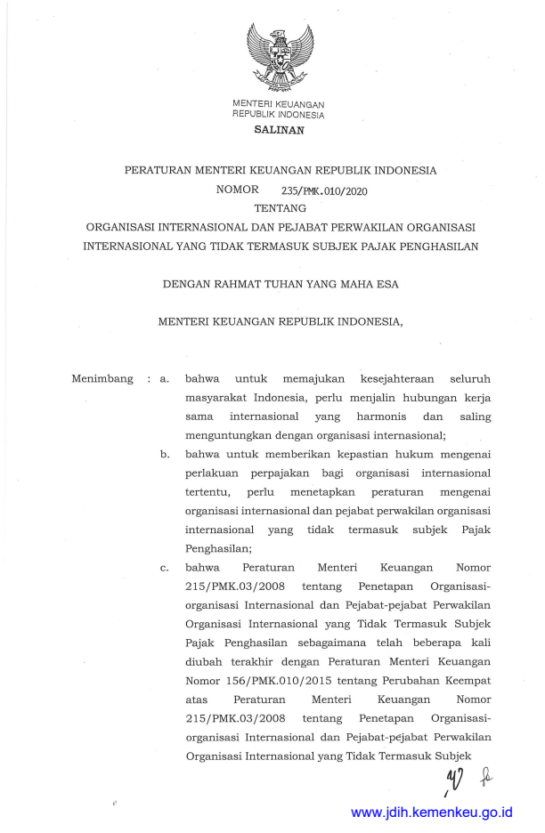 Peraturan Menteri Keuangan Nomor 235/PMK.010/2020