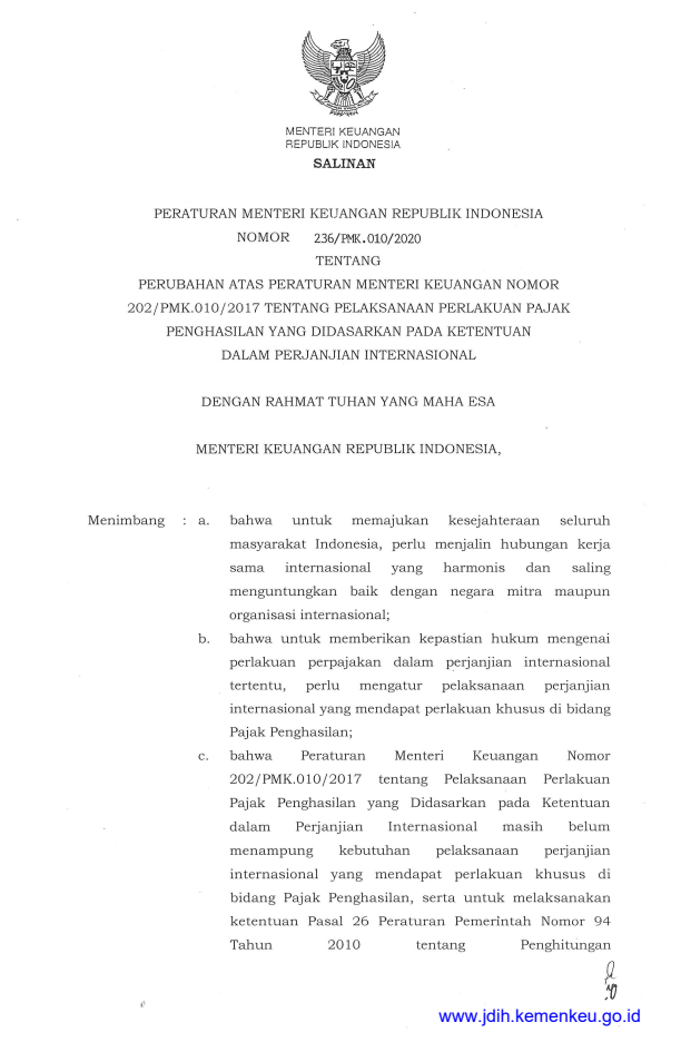 Peraturan Menteri Keuangan Nomor 236/PMK.010/2020