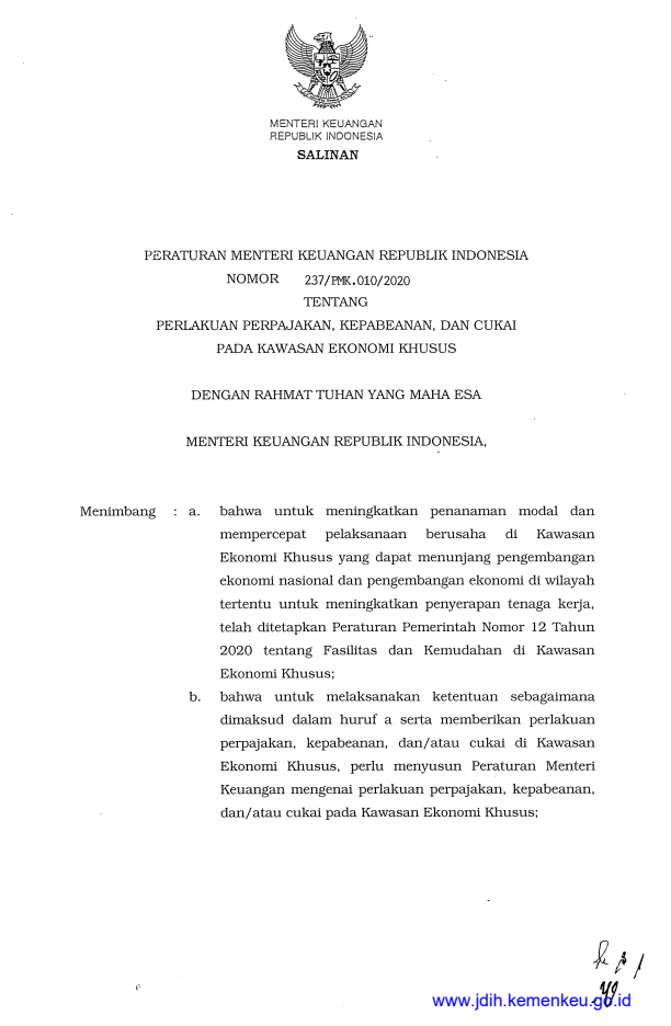 Peraturan Menteri Keuangan Nomor 237/PMK.010/2020