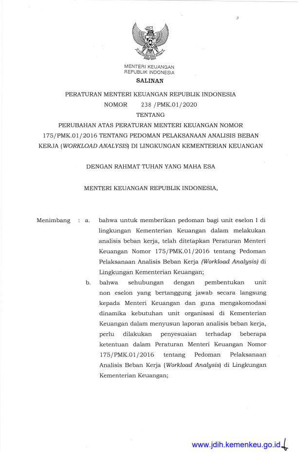 Peraturan Menteri Keuangan Nomor 238/PMK.01/2020