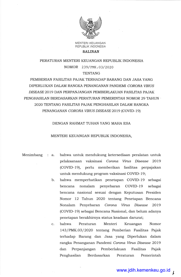 Peraturan Menteri Keuangan Nomor 239/PMK.03/2020