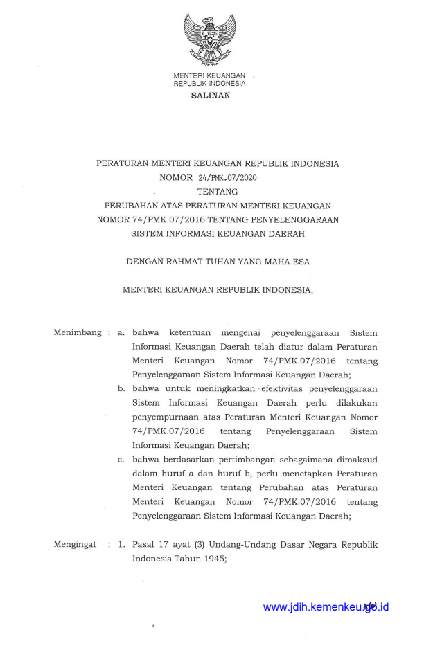 Peraturan Menteri Keuangan Nomor 24/PMK.07/2020