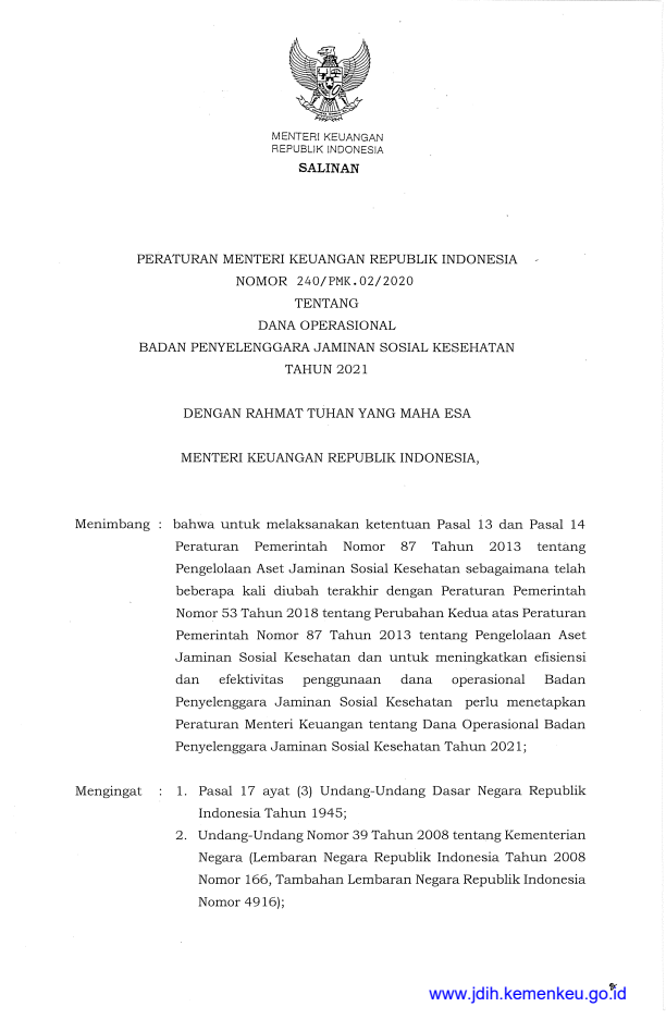 Peraturan Menteri Keuangan Nomor 240/PMK.02/2020