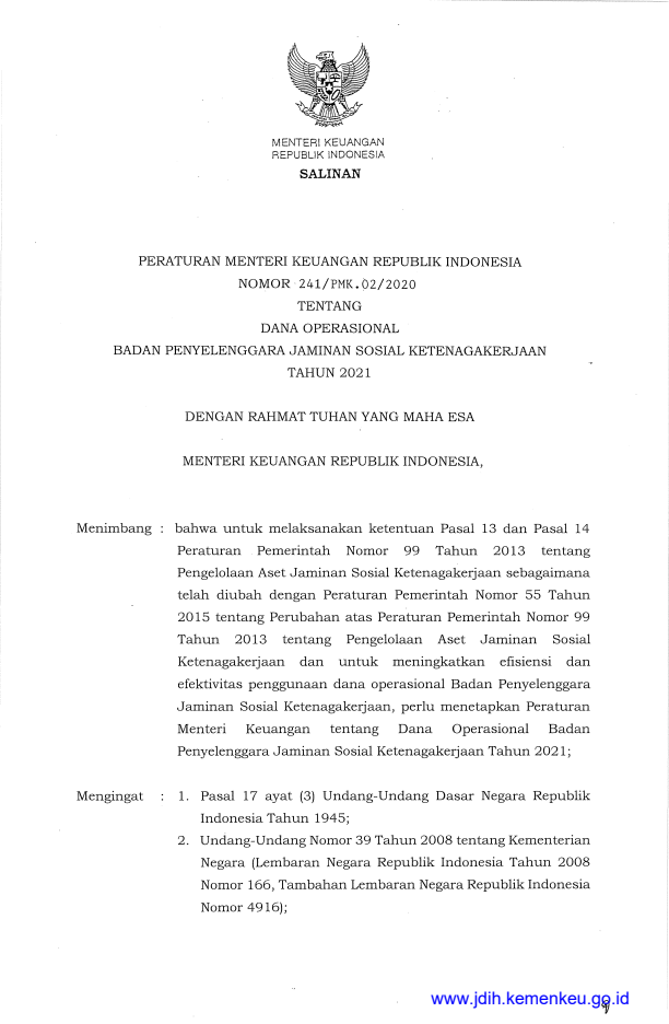 Peraturan Menteri Keuangan Nomor 241/PMK.02/2020