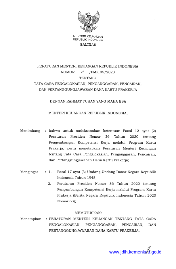 Peraturan Menteri Keuangan Nomor 25/PMK.05/2020