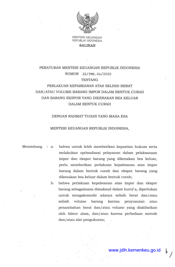 Peraturan Menteri Keuangan Nomor 26/PMK.04/2020