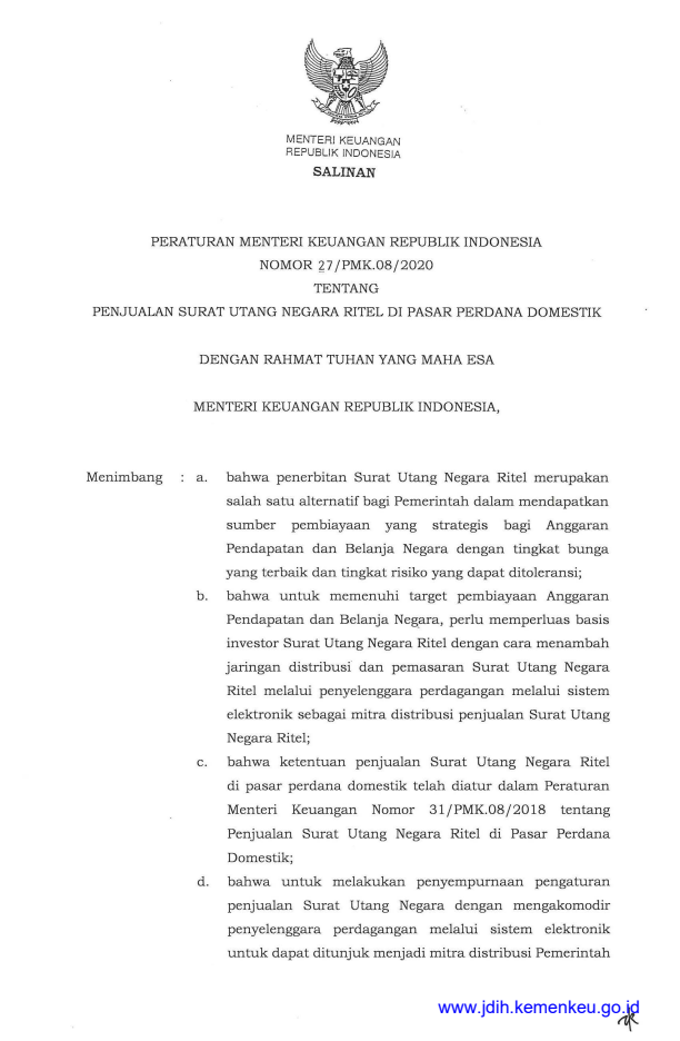 Peraturan Menteri Keuangan Nomor 27/PMK.08/2020