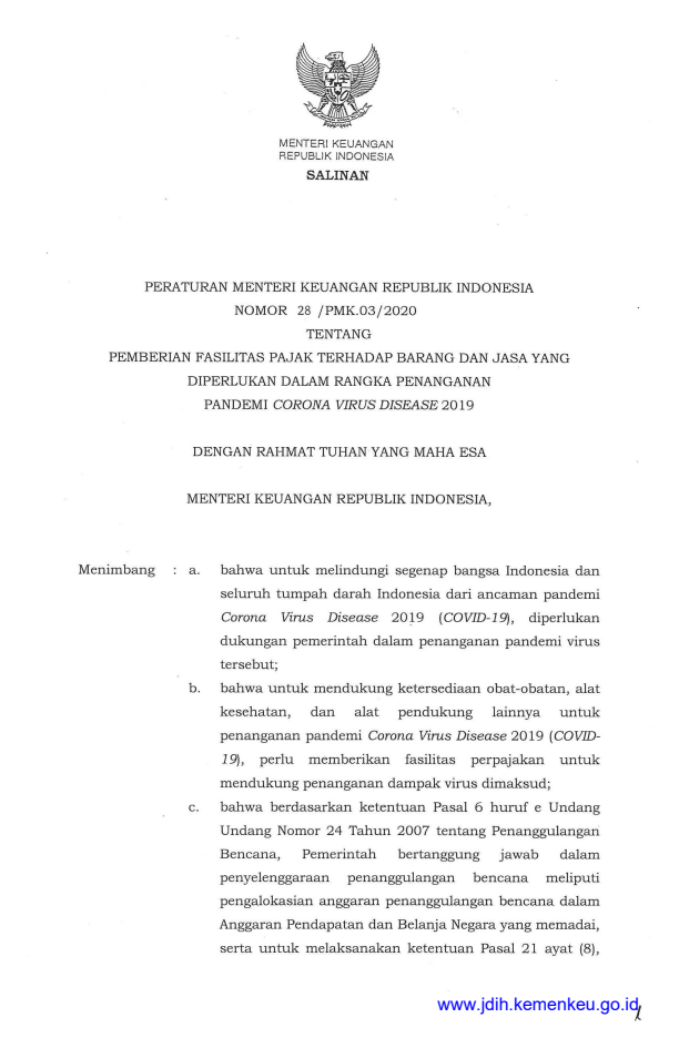 Peraturan Menteri Keuangan Nomor 28/PMK.03/2020