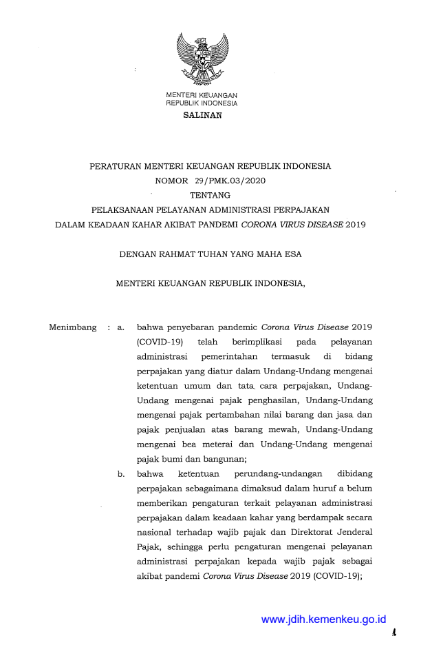 Peraturan Menteri Keuangan Nomor 29/PMK.03/2020