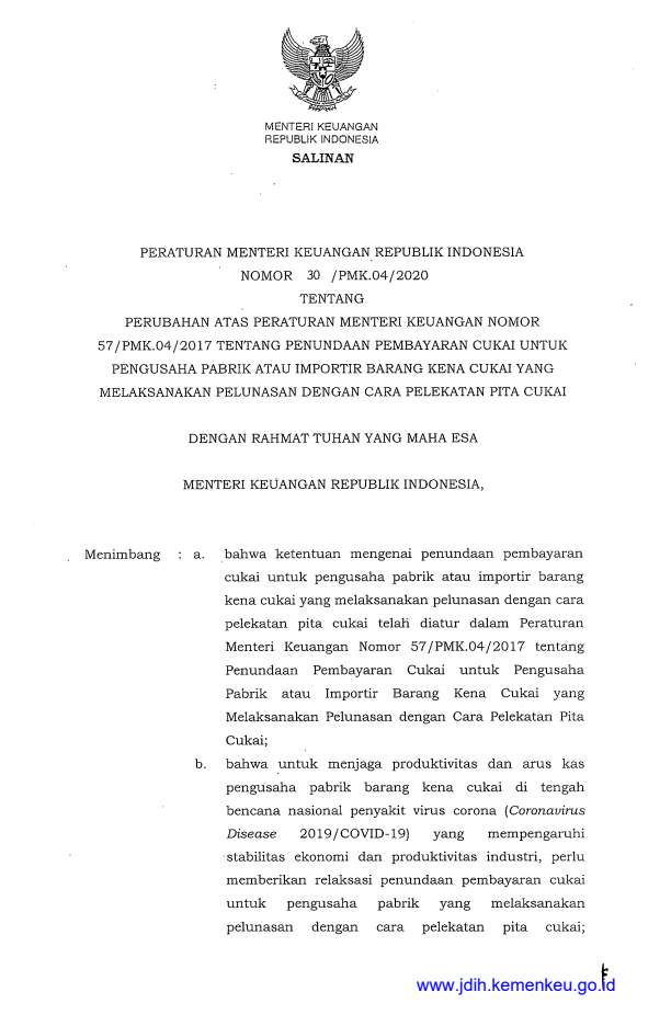 Peraturan Menteri Keuangan Nomor 30/PMK.04/2020