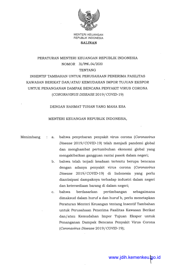 Peraturan Menteri Keuangan Nomor 31/PMK.04/2020