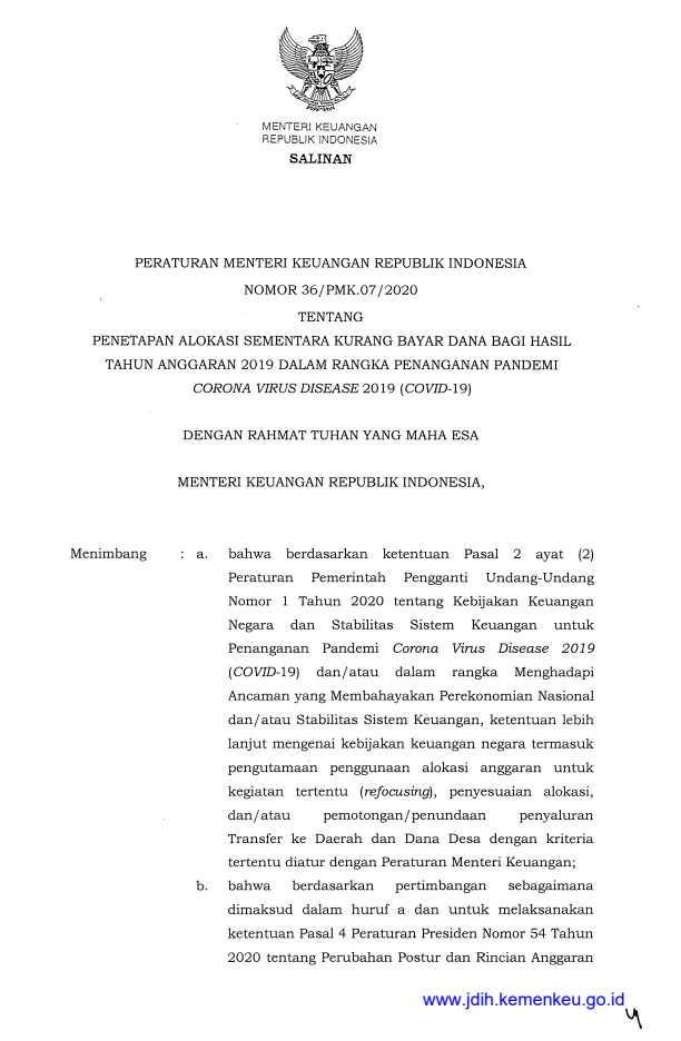 Peraturan Menteri Keuangan Nomor 36/PMK.07/2020