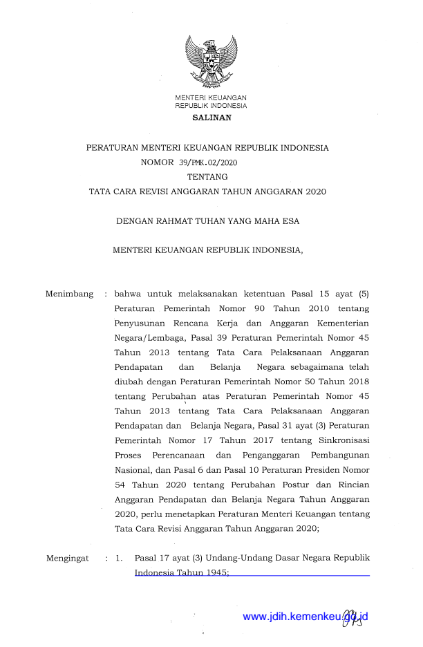 Peraturan Menteri Keuangan Nomor 39/PMK.02/2020