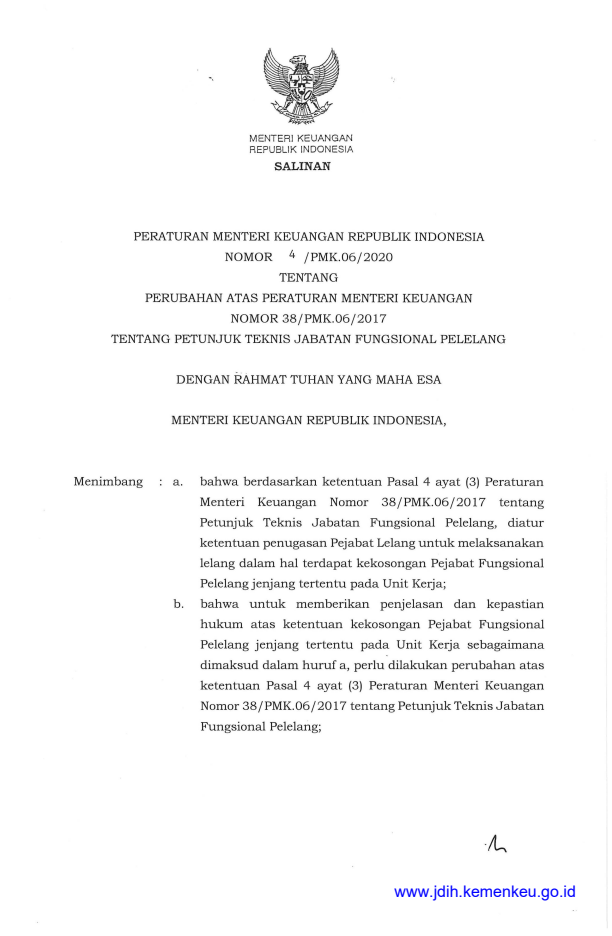 Peraturan Menteri Keuangan Nomor 4/PMK.06/2020