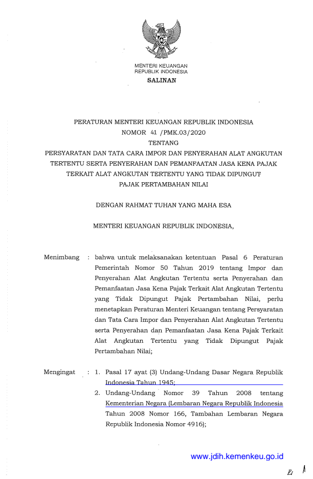 Peraturan Menteri Keuangan Nomor 41/PMK.03/2020