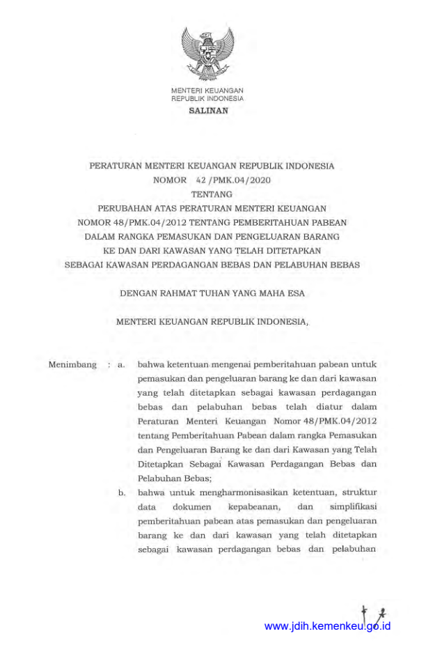 Peraturan Menteri Keuangan Nomor 42/PMK.04/2020