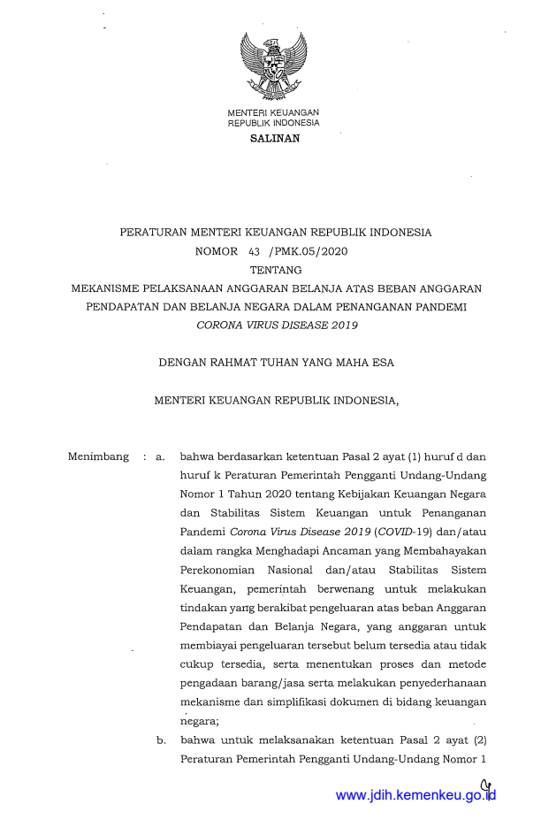 Peraturan Menteri Keuangan Nomor 43/PMK.05/2020