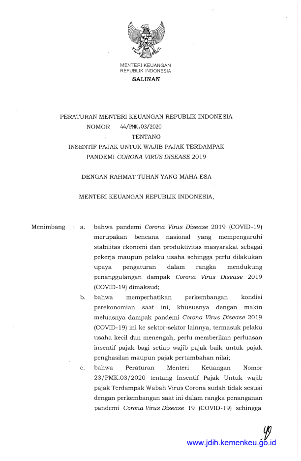 Peraturan Menteri Keuangan Nomor 44/PMK.03/2020