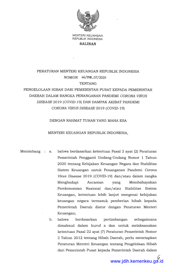 Peraturan Menteri Keuangan Nomor 46/PMK.07/2020