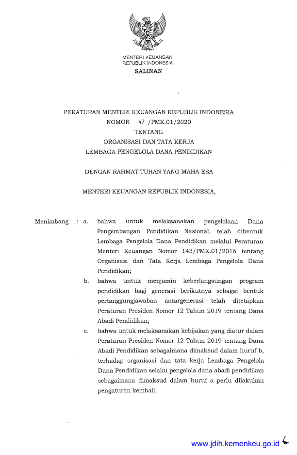 Peraturan Menteri Keuangan Nomor 47/PMK.01/2020