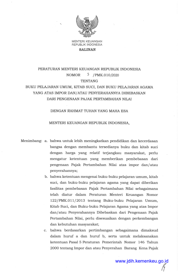 Peraturan Menteri Keuangan Nomor 5/PMK.010/2020